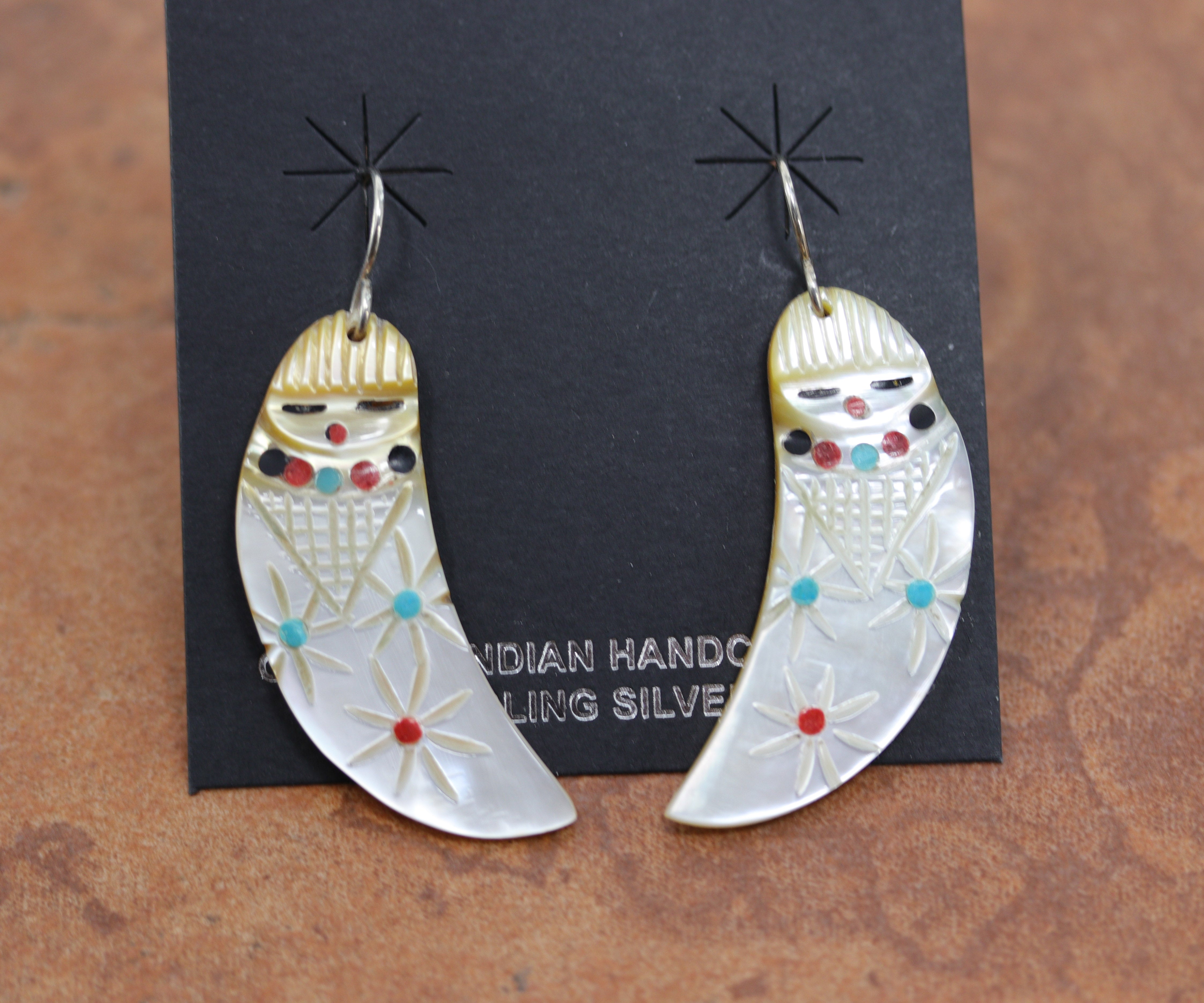 Silver Earrings with Turquoise, Red, Black and Mother of Pearl Stones